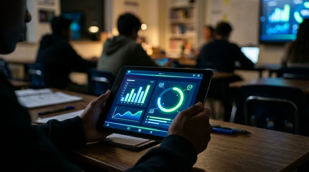 Wizualizacja technologii edukacyjnych na ciemnym tle z akcentami zielonymi i niebieskimi