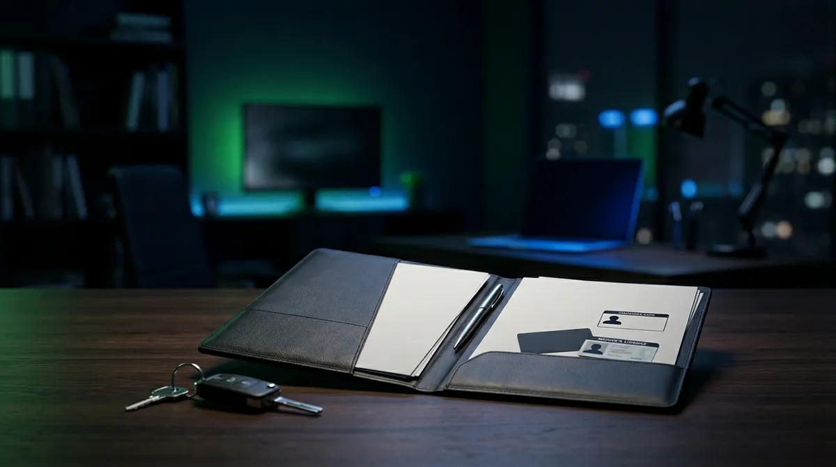 Abstrakcyjna scena edukacji ubezpieczeniowej — dokumenty i pojazd przy stonowanym oświetleniu